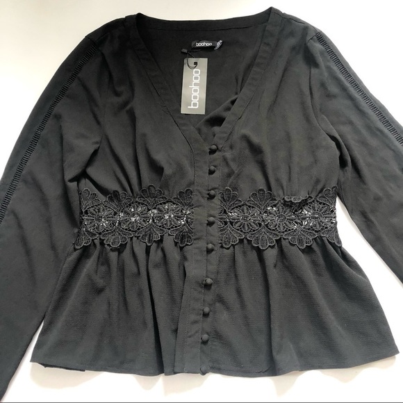 boohoo Crochet + Ladder Trim Button Through Blouse Black Size 10 - Picture 5 of 11
